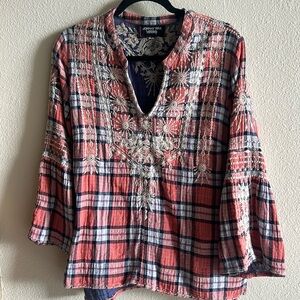 Johnny Was Red and Blue Embroidered Blouse